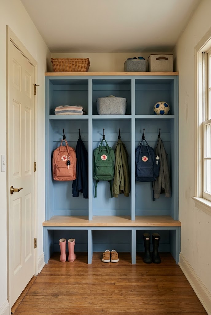 three kids mudroom lockers backpack storage concept image of an organized small family mudroom.