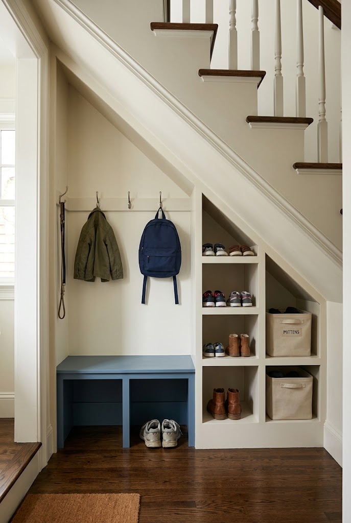 under stairs mudroom shoe storage bench concept image of an organized small family mudroom.
