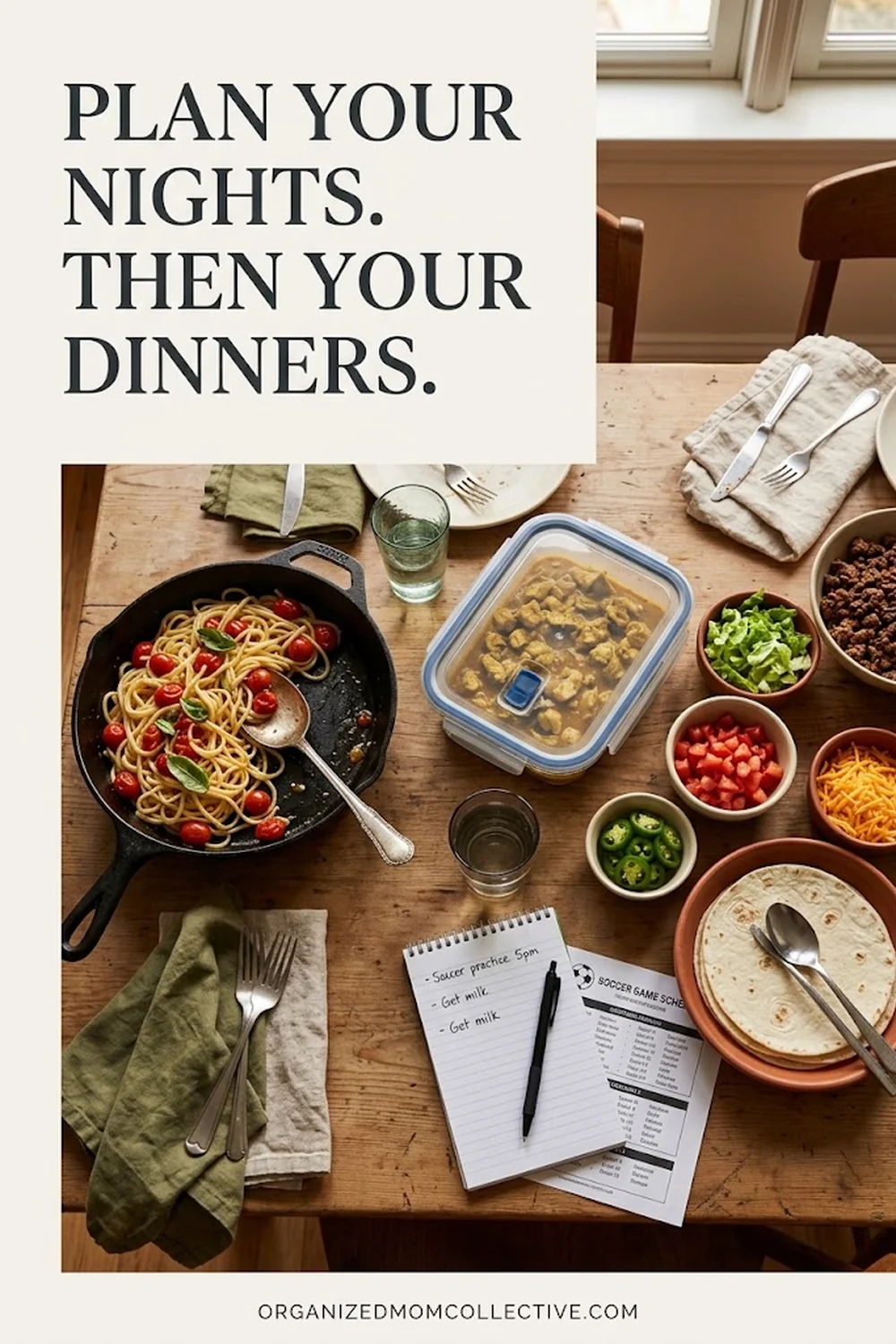 A family dinner table seen from above with a skillet of pasta, a container of leftovers, taco fixings, a soccer game schedule and a notepad reading “Soccer practice 5pm, get milk”, with the headline “Plan your nights. Then your dinners.”