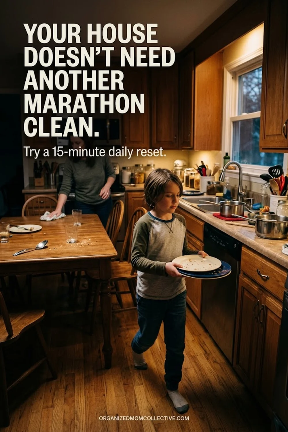 A boy carries a stack of dinner plates across a wood-floored kitchen while his mom wipes the table behind him, with the text “Your house doesn’t need another marathon clean. Try a 15-minute daily reset.”