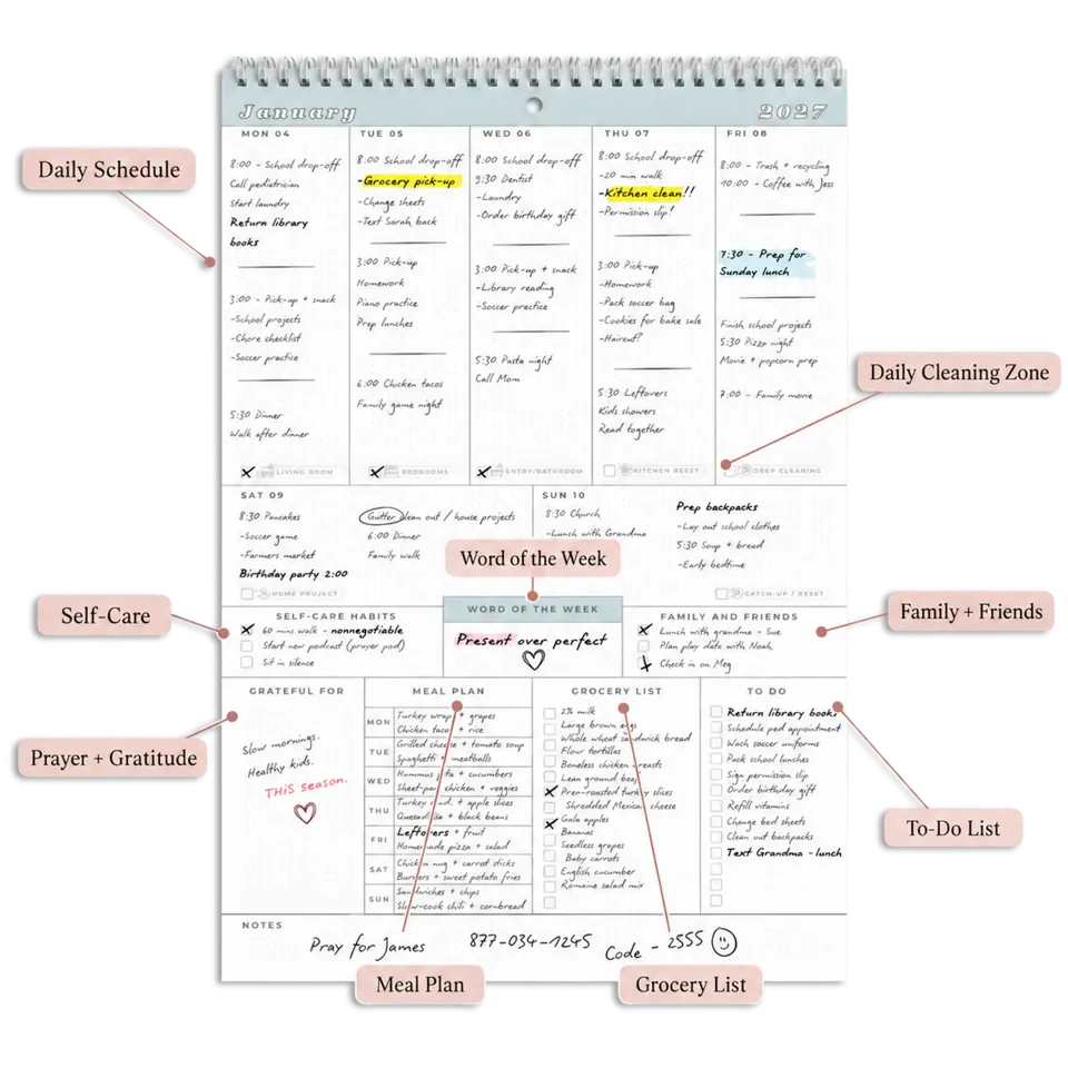 A filled-in week of the 2027 calendar with its sections labeled: Daily Schedule, Daily Cleaning Zone, Word of the Week, Self-Care, Family + Friends, Prayer + Gratitude, Meal Plan, Grocery List and To-Do List.