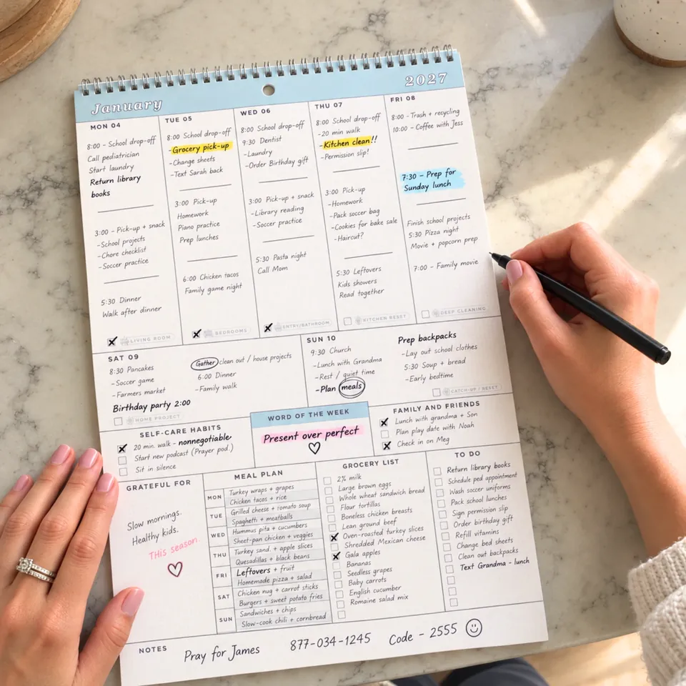 The family wall calendar filled in for the week.