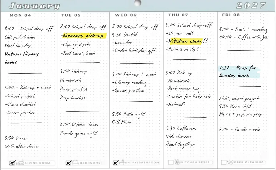 A filled-in weekly wall calendar showing school drop-offs, pick-ups, practices and dinners in daily columns.