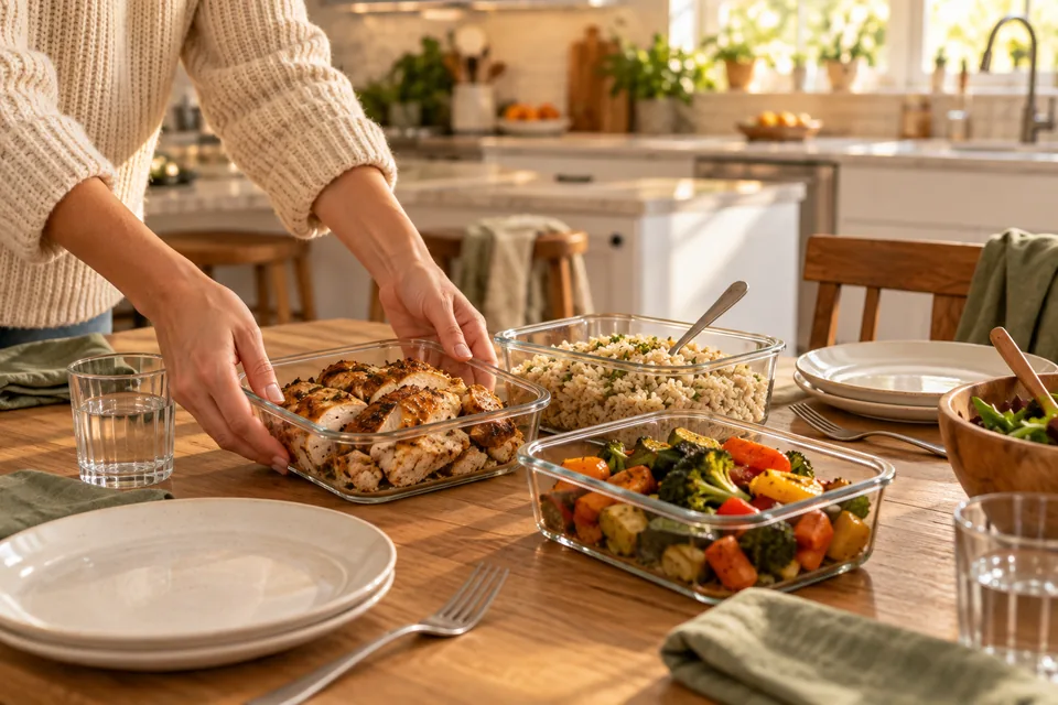 Two hands setting glass containers of leftover sliced chicken, rice and roasted vegetables on a wooden kitchen table laid with plates, forks and sage napkins.