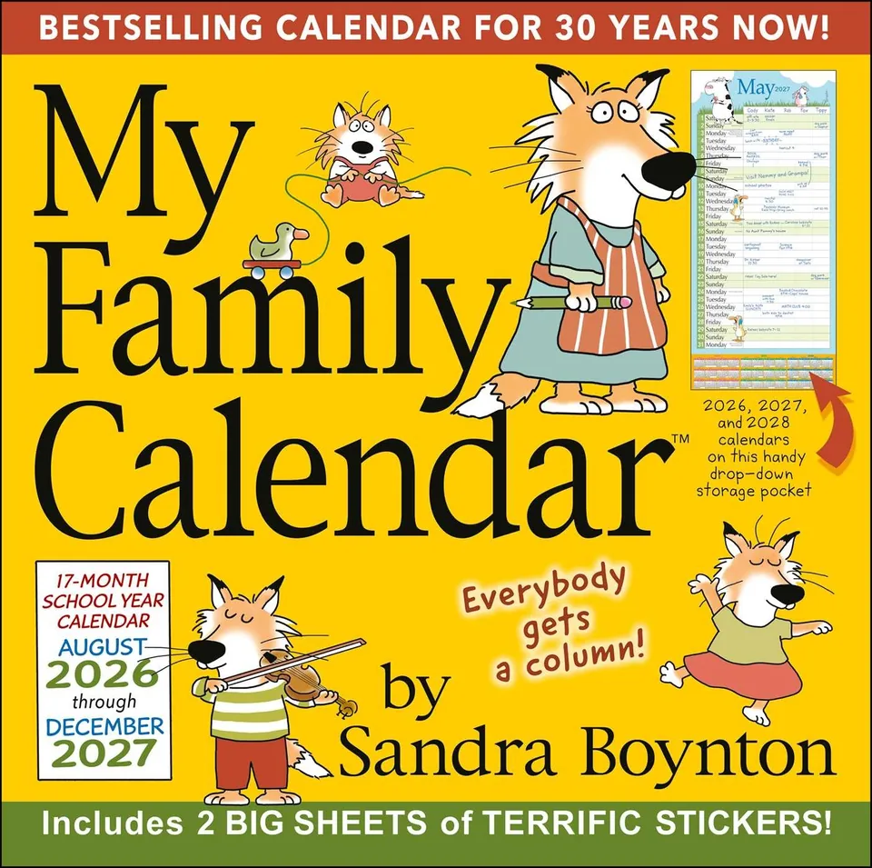 Cover of Sandra Boynton’s My Family Calendar, a yellow cover with cartoon animals, labeled 17-month school year calendar, August 2026 through December 2027.