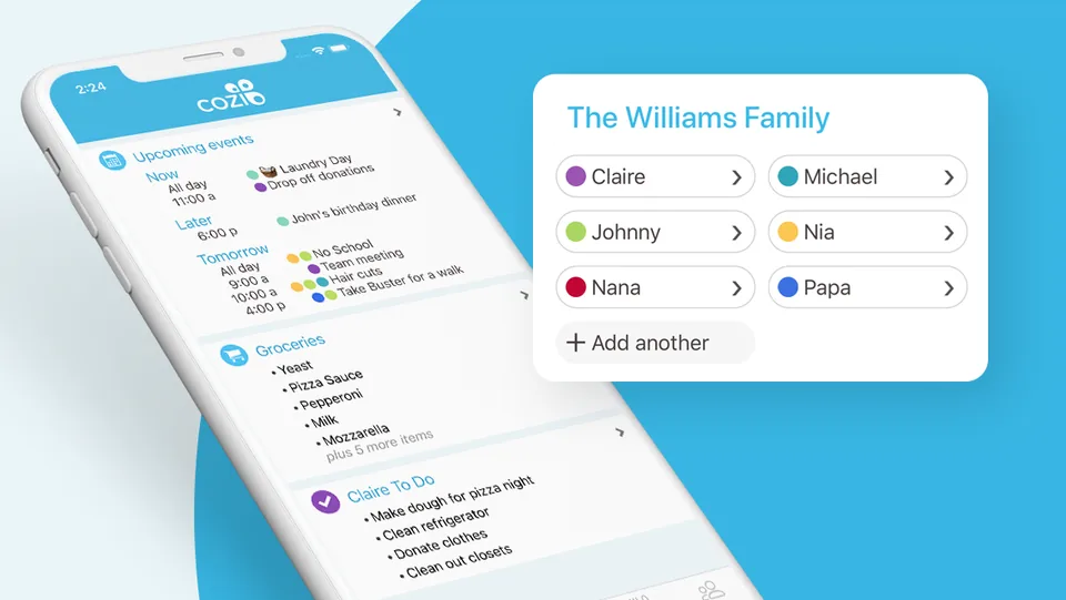 Cozi on a phone showing upcoming events, a grocery list and a to-do list, beside a list of family members, each with their own color.
