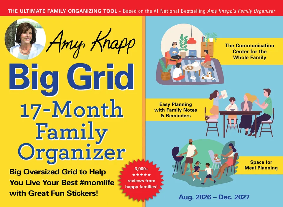 Cover of Amy Knapp’s Big Grid 17-Month Family Organizer, August 2026 to December 2027, with illustrations of a family planning and eating together.