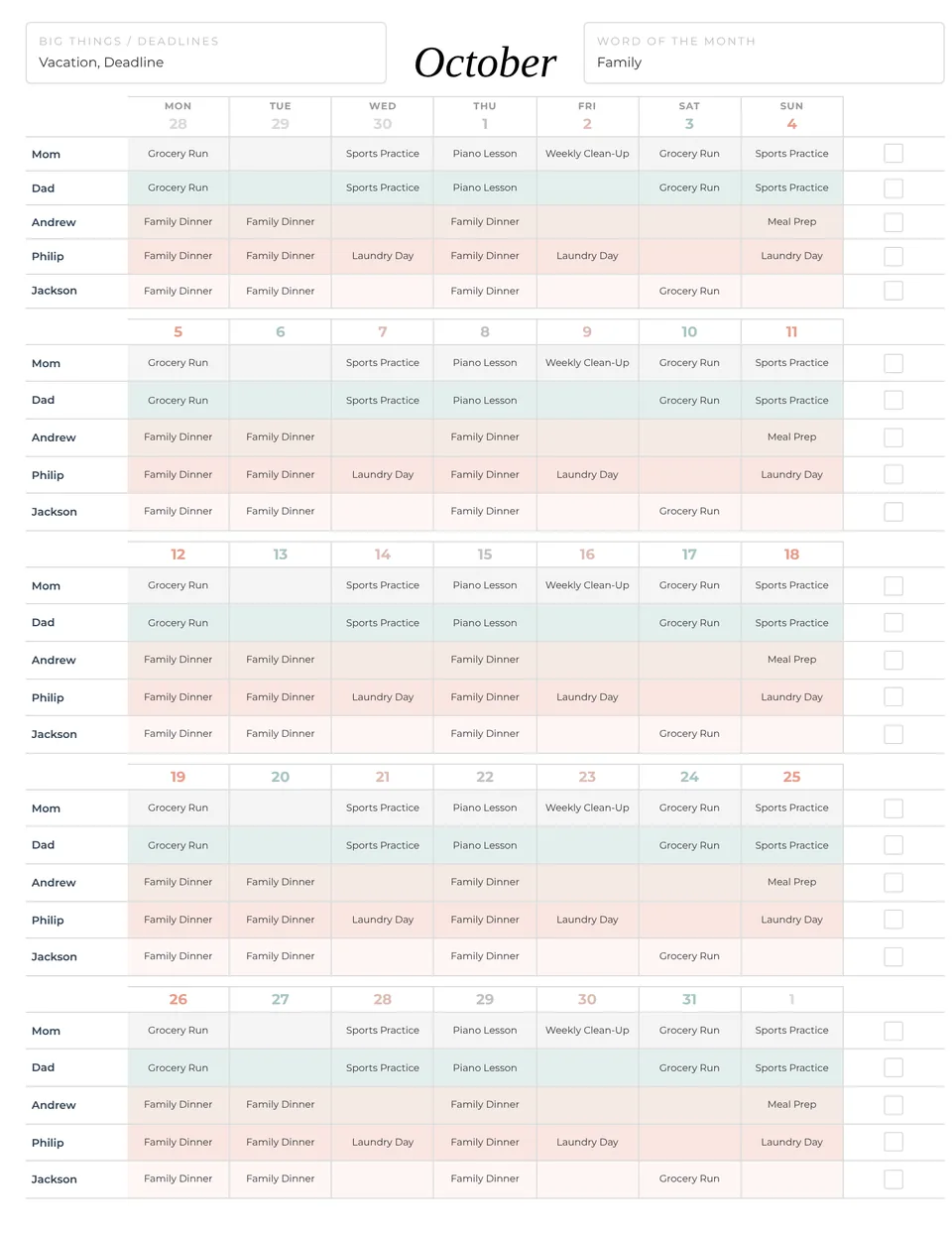 A filled-in October family calendar from our free monthly maker: one row per family member each week, one activity per person per day, such as Sports Practice, Piano Lesson and Family Dinner.