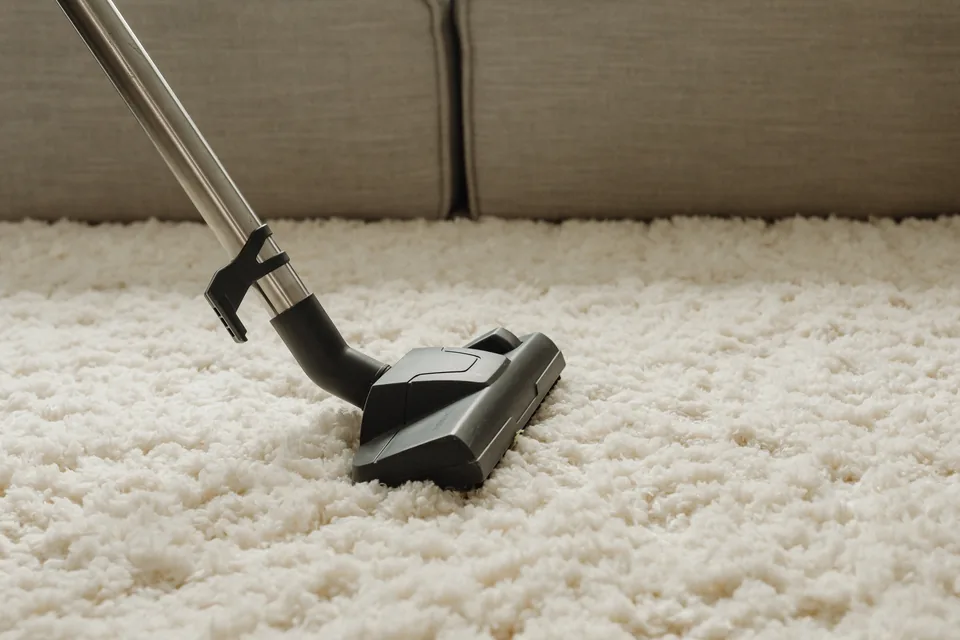 A vacuum cleaner head on a cream shag rug in front of a grey sofa.