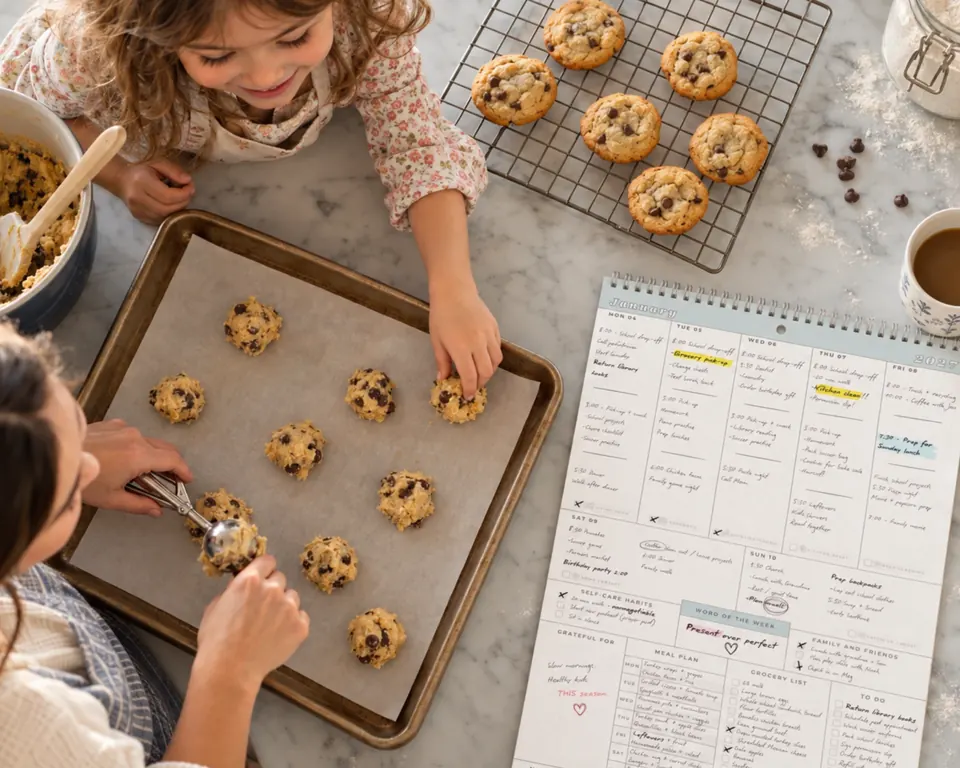 A mom and her young daughter scooping cookie dough together at the kitchen counter.