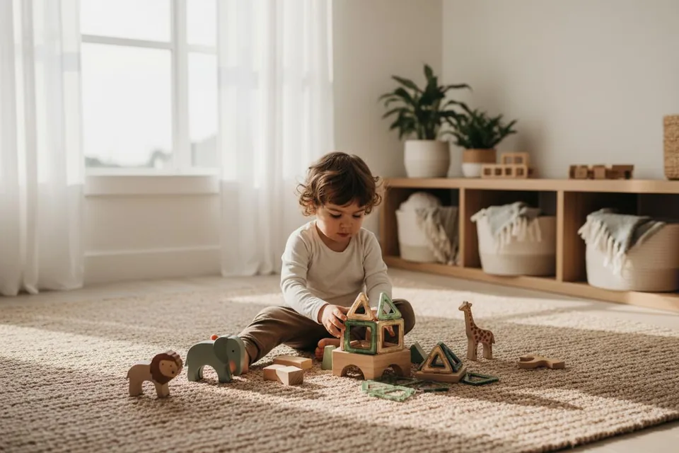 A young child sits on a woven rug building with wooden blocks and green magnetic tiles, wooden animals nearby and storage baskets on a low shelf behind.