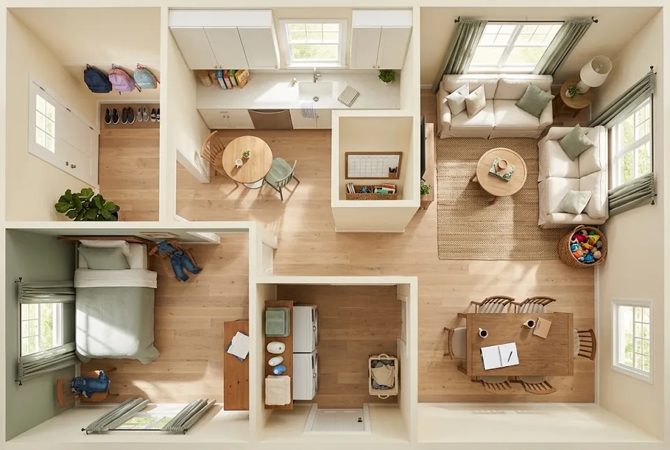 Illustrated overhead view of a family home: backpacks on hooks and shoes on a rack by the door, a kitchen with a small table, a planning nook with a wall planner, a living room with a toy basket, a bedroom with clothes set out, a laundry room with folded towels and a dining table with an open notebook.