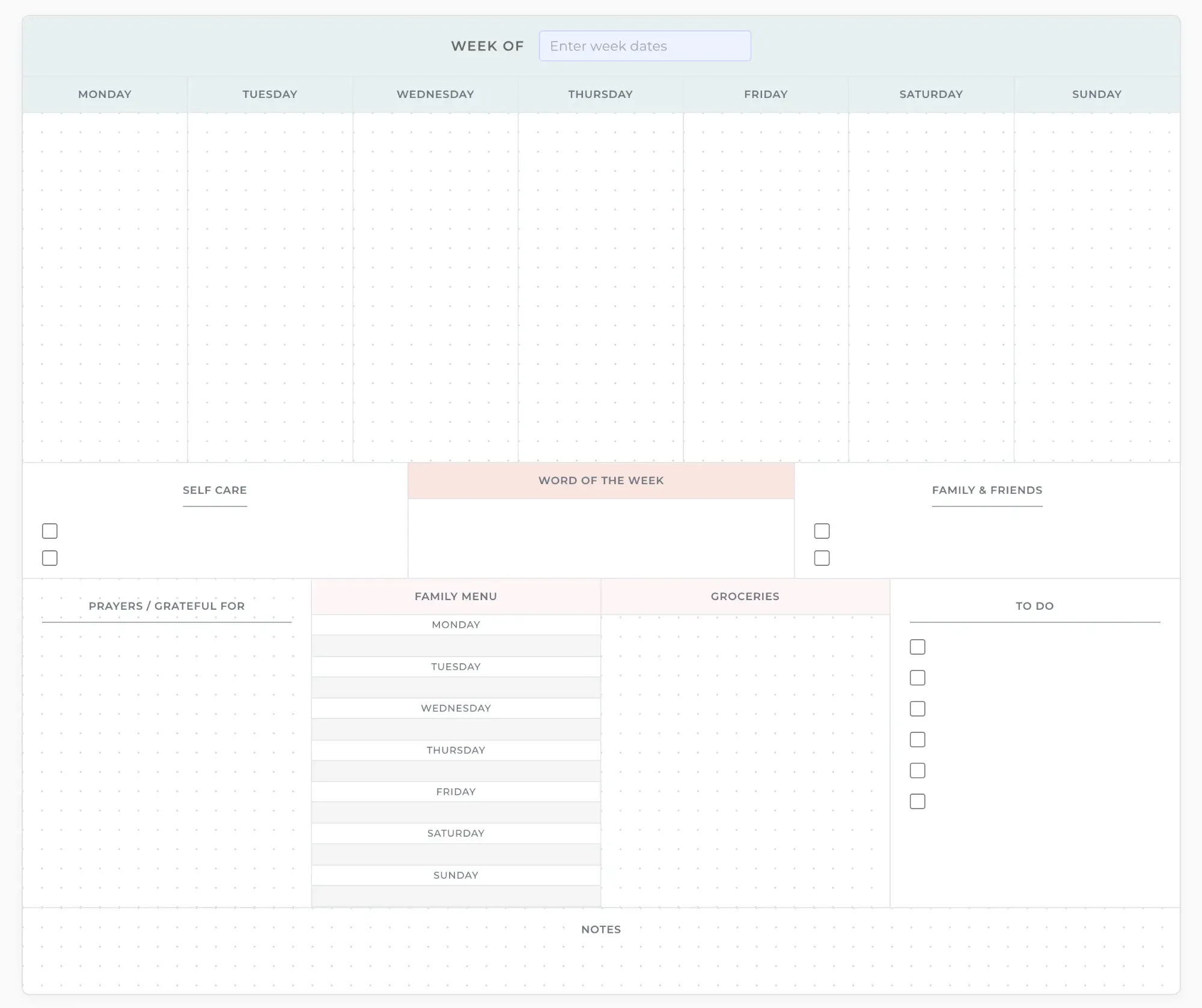 The free weekly family planner: a seven-day schedule, self care, word of the week, family and friends, prayers, family menu, groceries, to-do and notes sections on one page.