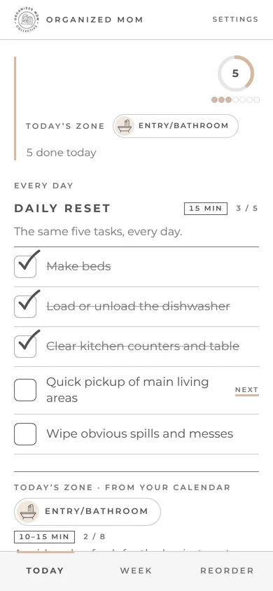 The cleaning companion's Today screen for Wednesday: today's cleaning zone from the calendar and the 15-minute Daily Reset, three of five tasks checked off.