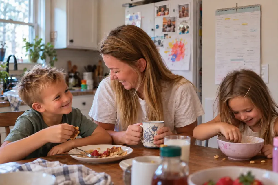 A mom laughing with her son and daughter over breakfast at the kitchen table, a filled-in wall calendar hanging in the background.