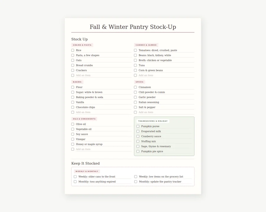 Preview of Fall pantry stock-up list.