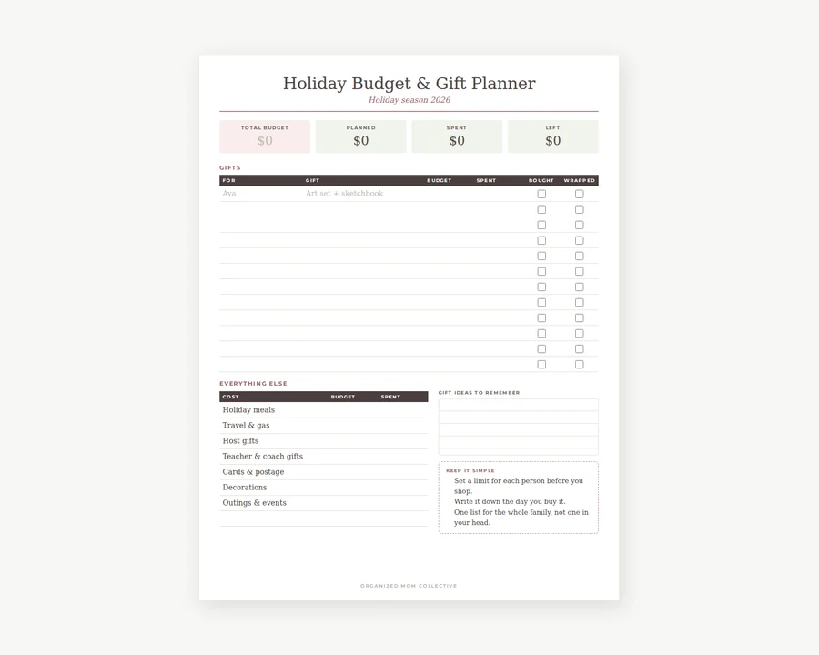 Preview of Holiday gift planner.