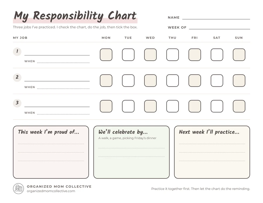 The free Kids’ Responsibility Chart: a name line, three numbered jobs with a “when” line, Monday to Sunday checkboxes, and boxes for “This week I’m proud of,” “We’ll celebrate by” and “Next week I’ll practice.”