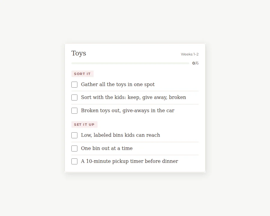 Preview of New Year declutter plan, an on-screen checklist.