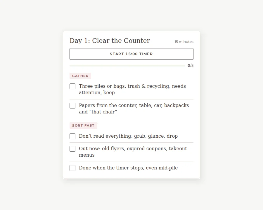 Preview of Paper clutter reset, an on-screen checklist.