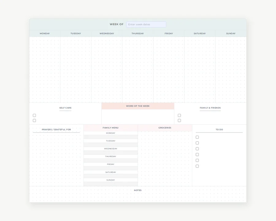 Preview of Weekly family planner.