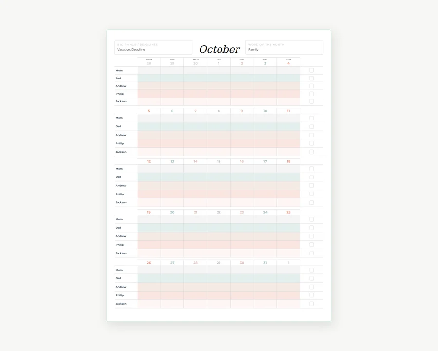 Preview of Monthly family calendar.
